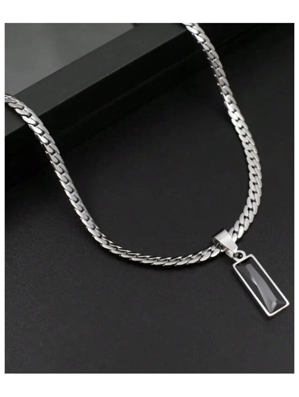 Black rectangle flat chain - Necklace - Silver - 20